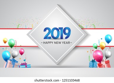 2019. Happy new year vector design blue number, colorful balloons and gift box for celebration