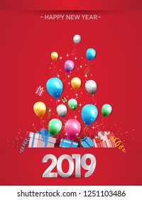 2019. Happy new year vector design with balloons, glitter, confetti and gift box on red background for celebration