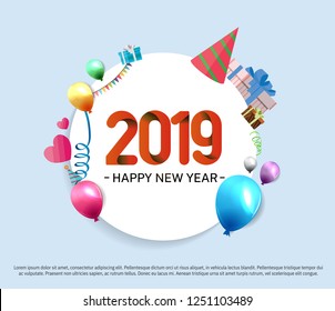 2019. Happy new year vector design with gift box, balloons and confetti on circle background for celebration