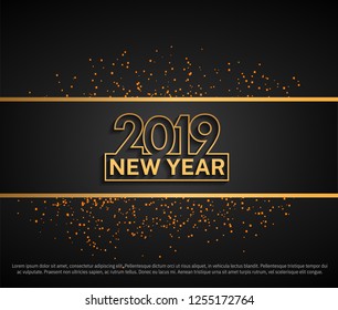 2019. Happy new year vector design gold color and glitter on black bakground for greeting card
