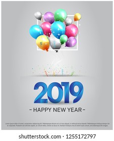2019. Happy new year vector design colorful balloons in square, confetti blue number for celebration
