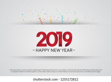 2019. Happy new year vector design red color on white background, colorful confetti for celebration
