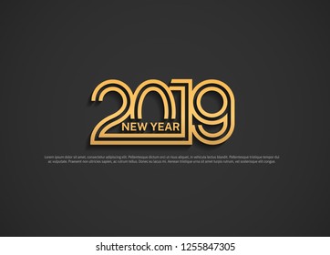 2019. Happy new year vector design multiple line gold color isolated on black background for celebration event