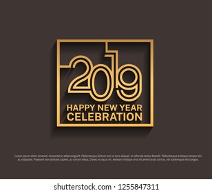 2019. Happy new year vector golden design in square islated on black background for celebration