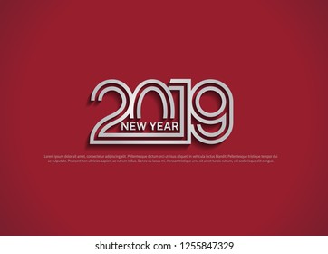 2019. Happy new year vector design multiple silver color line isolated on red background for celebration