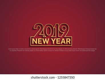 2019. Happy new year vector design outline style golden color isolated on red bakcground for celebration