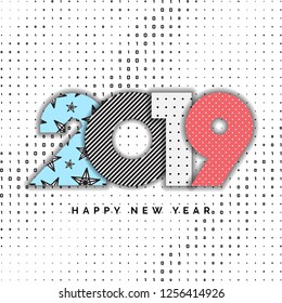 2019 Happy New Year Vector Numbers for Calendar Design. Winter Holidays Greeting Card with Halftone and Star Geometric Elements