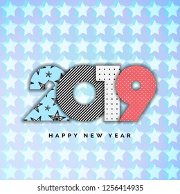 2019 Happy New Year Vector Numbers for Calendar Design. Winter Holidays Greeting Card with Halftone and Star Geometric Elements