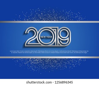 2019. Happy new year vector design silver color multiple line isolated on blue background and glitter for celebration