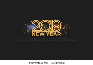 2019. Happy new year vector design with colorful shining background and multiple line style golden color for celebration event