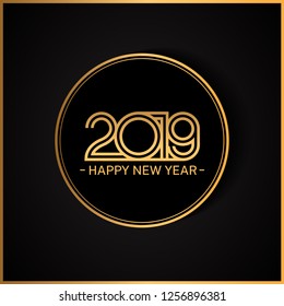 2019. Happy new year vector design golden color in circle isolated on black background foe celebration moment