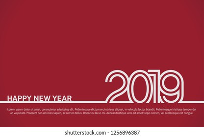2019. Happy new year vector design line style white color on red background for celebration moment