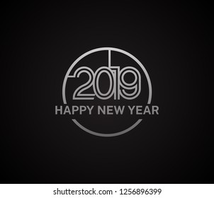 2019. Happy new year vector design silver color with circle style on black background for celebration