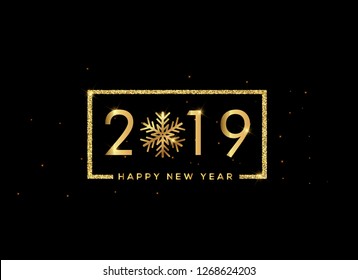 2019 Happy New Year. Vector greeting illustration with golden numbers and snowflake bright sparkles on dark background. Illustrations. Template design