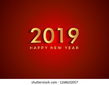 2019 Happy New Year. Vector greeting illustration with golden numbers bright sparkles on red background. Illustrations. Template design