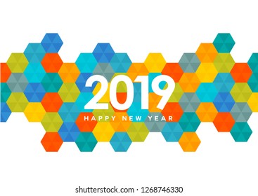 2019 Happy New Year. Vector greeting illustration white numbers with colorful diagonal background. Illustrations. Template design