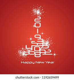 2019 Happy New Year white sparkle firework tree red background