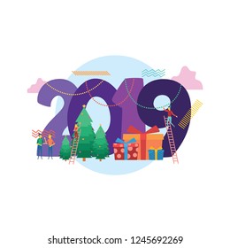 2019 Happy new year, white background. Vector illustration Isolated flat design. Modern concept. Billet for banner, poster, postcard.