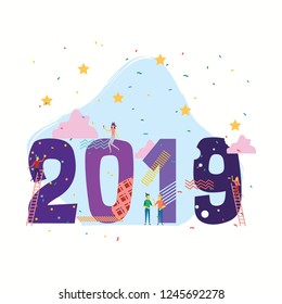 2019 Happy new year, white background. Vector illustration Isolated flat design. Modern concept. Billet for banner, poster, postcard.