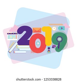 2019 Happy new year, white background. Vector illustration Isolated flat design. Modern concept. Billet for banner, poster, postcard.