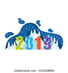 2019 Happy new year, white background. Vector illustration Isolated flat design. Modern concept. Billet for banner, poster, postcard.