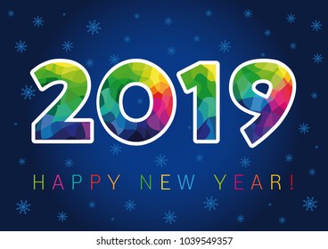 2019 Happy New Year xmas greetings. Dark blue snowy winter background, milticolored stained glass isolated bright numbers. Seasonal digits % percent off, colored 0 null zero or letter O company.