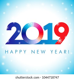 2019 A Happy New Year xmas greetings. White blue snowy winter background, stained glass null, isolated 20, 9 and 0 bright numbers. Seasonal discount digits % percent off, colored zero or O identity