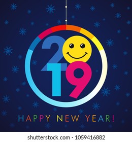 2019 A Happy New Year xmas greetings. Colored snowy winter background, smiling null, isolated 20, 9 and 0 bright numbers. Seasonal discount digits % percent off emblem as Christmas ball.