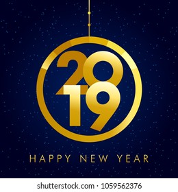 2019 A Happy New Year xmas greetings. Dark snowy winter background, luxurious isolated golden 20, 1, 9, 2020, 2022, 0 numbers. Seasonal discount digits % percent off emblem template as Christmas ball.