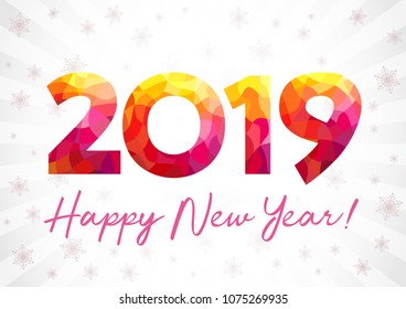 2019 Happy New Year xmas greetings. White snowy winter background, fiery flamy stained glass isolated bright numbers. Seasonal digits % percent off sale, colored 0 null zero, one, two and nine symbols