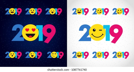 2019 A Happy New Year xmas greetings. Colored snowy winter background, emo smiling null, isolated 2021, 2022 bright numbers. Seasonal discount digits % percent off emblem template, idea for website