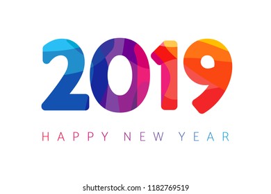 2019 Happy New Year xmas greetings. Holidays colored background, colorful stained shape isolated digits. Vector isolated numbers template