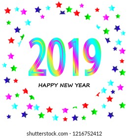 2019 A Happy New Year xmas greetings. White blue snowy winter background, stained glass null, isolated 20, 9 and 0 bright numbers. Seasonal discount digits % percent off, colored zero or O identity