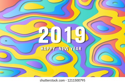 2019 Happy new year.Colorful geometric background. Liquid, flow, fluid background. Fluid shapes.Poster design. Cool gradient shapes.Paper cut background.realistic paper decoration for design.vector