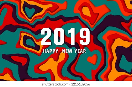 2019 Happy new year.Colorful geometric background. Liquid, flow, fluid background. Fluid shapes.Poster design. Cool gradient shapes.Paper cut background.realistic paper decoration for design.vector
