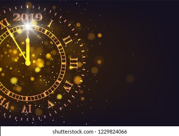 2019 Happy New Years background. Count down time five minutes to midnight. Merry Christmas, card, banner, poster. Vector illustration