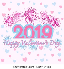 2019 happy valentines day with fireworks and hearts, stock vector