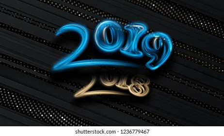 2019 Holiday vector illustration. Happy New Year 2019 Greeting card with glitter numbers on a black background. Vector illustration. Change of 2018 to 2019
