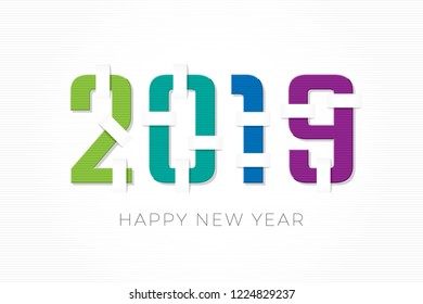 2019 Huge Numerals Logo Realistic Cut and Fixed Paper Style and Happy New Year Lettering - Blue Green Purple and Turquoise Figures on Striped Background - Vector Mixed Graphic Design