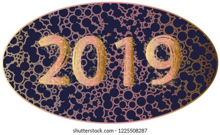 2019 icon in oval frame golden and pink on navy blue