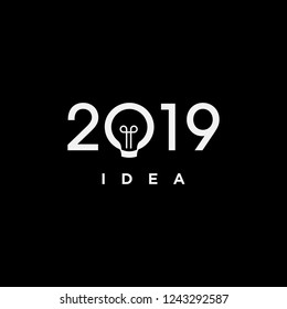2019 idea with lamp vector illustration, 2019 idea logo, icon vector. 2019 with idea lamp and used negative space style