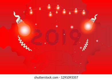 2019 inscription for Happy new year with red pig zodiac sign. Creative template banner with ribbon and light garlands. Flat vector illustration EPS10.