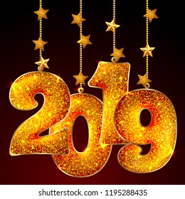 2019 inscription made of shiny material, isolated on black background