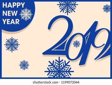 2019 inscription and new year greetings in vintage style with snowflakes (blue objects on a light yellow background)