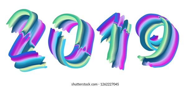 2019 iridescent chaotic rough digits. Rainbow vivid year number. Rough edges and breaking gradient.