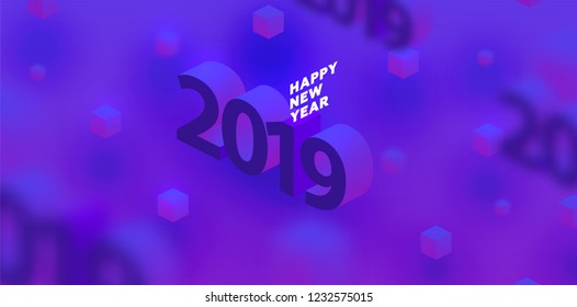 2019 isometric New Year holiday lettering with blurred elements and trendy modern colors for posters, banners, greeting cards and invitations. Eps10 vector illustration