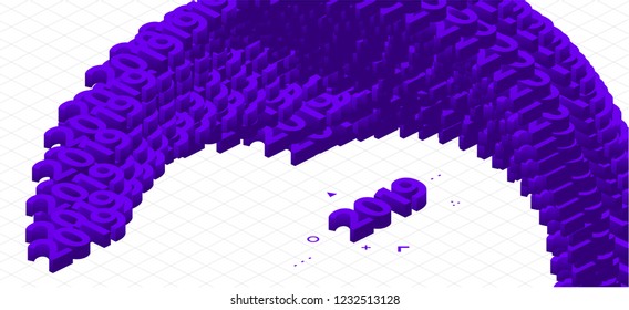 2019 isometric New Year lettering with glitch art dynamic elements and effects. Trendy modern style for posters, covers, banners and wallpapers. Eps10 vector illustration