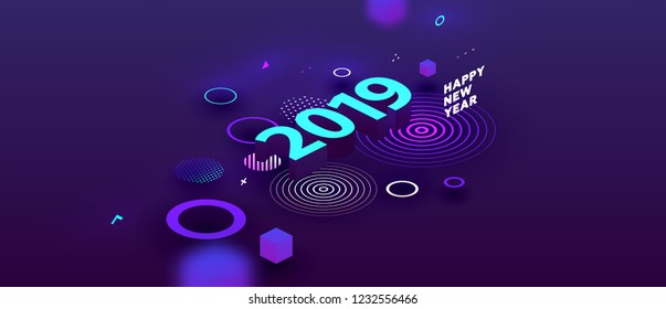 2019 isometric New Year lettering with geometric elements and effects. Trendy creative modern style for posters, covers, banners, annual reports and wallpapers. Eps10 vector illustration