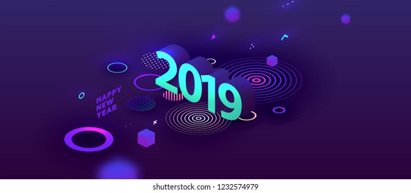 2019 isometric New Year lettering with geometric elements and effects. Trendy creative modern style for posters, covers, banners, annual reports and wallpapers. Eps10 vector illustration