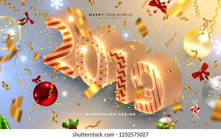 2019 isometric New Year trendy lettering cover background design with Christmas toys for greeting card, banner, placard or poster. Eps10 vector illustration